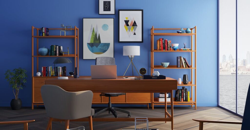 Elegantly decorated home office with modern furniture and a blue wall.